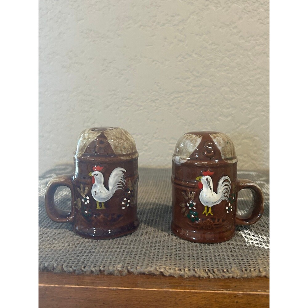 Vintage Brown Stone Salt & Pepper Shaker Rooster Painted 3.5”